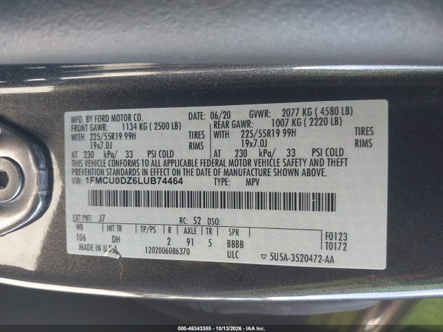 2020 Ford Escape Titanium Hybrid მანქანა იყიდება აუქციონზე, vin: 1FMCU0DZ6LUB74464, აუქციონის ნომერი: 46343385