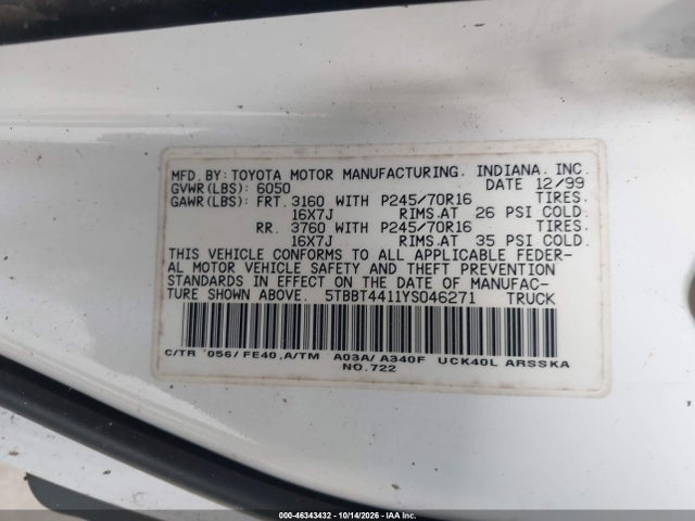 46343432 :رقم المزاد ، 5TBBT4411YS046271 vin ، 2000 Toyota Tundra Sr5 V8 مزاد بيع