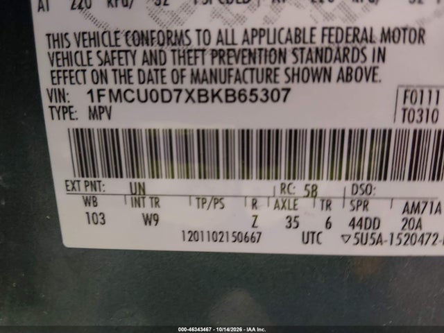 46343467 :رقم المزاد ، 1FMCU0D7XBKB65307 vin ، 2011 Ford Escape Xlt مزاد بيع