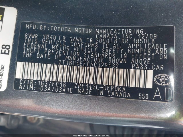 2010 Toyota Corolla Le მანქანა იყიდება აუქციონზე, vin: 2T1BU4EE6AC329432, აუქციონის ნომერი: 46343500