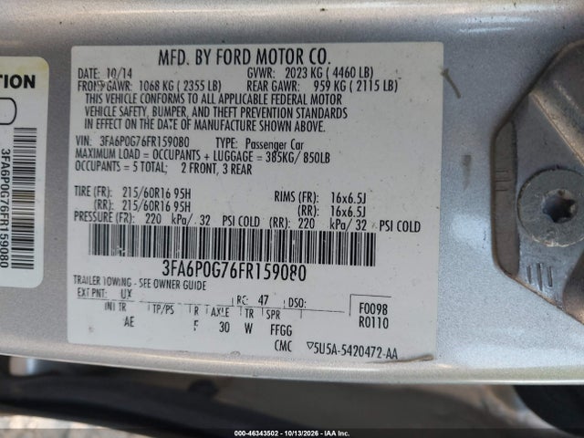 46343502 :رقم المزاد ، 3FA6P0G76FR159080 vin ، 2015 Ford Fusion S مزاد بيع