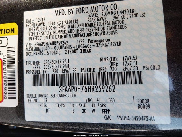 Ford FUSION SE 2017 3FA6P0H76HR259262 Image 9