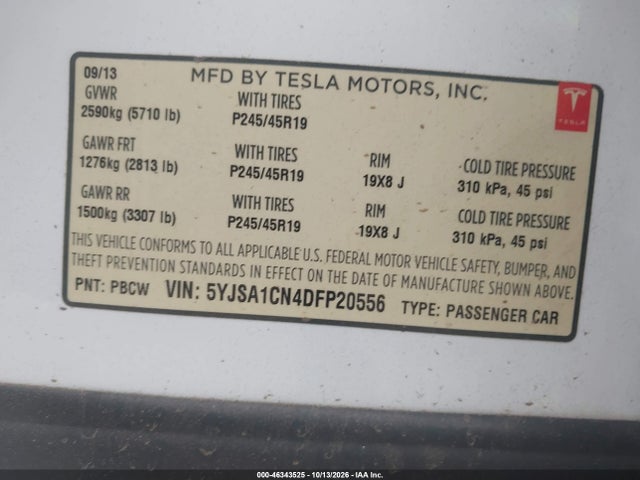 Продажа на аукционе авто 2013 Tesla Model S, vin: 5YJSA1CN4DFP20556, номер лота: 46343525