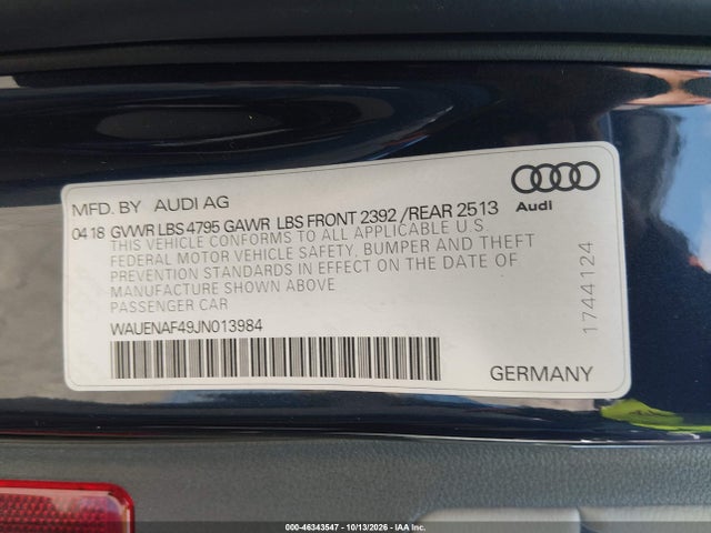 2018 Audi A4 2.0t Premium/2.0t Tech Premium მანქანა იყიდება აუქციონზე, vin: WAUENAF49JN013984, აუქციონის ნომერი: 46343547