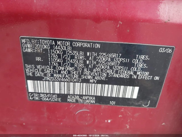 46343560 :رقم المزاد ، JTMZD33V466010413 vin ، 2006 Toyota Rav4 مزاد بيع