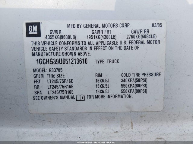 2005 Chevrolet Express მანქანა იყიდება აუქციონზე, vin: 1GCHG39U651213610, აუქციონის ნომერი: 46343562
