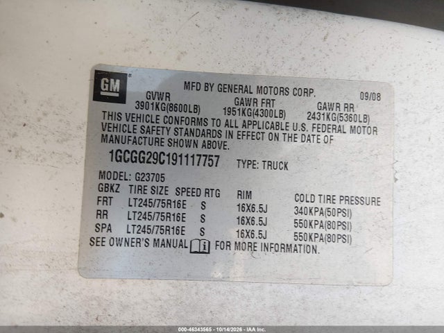 Продажа на аукционе авто 2009 Chevrolet Express 2500 Work Van, vin: 1GCGG29C191117757, номер лота: 46343565