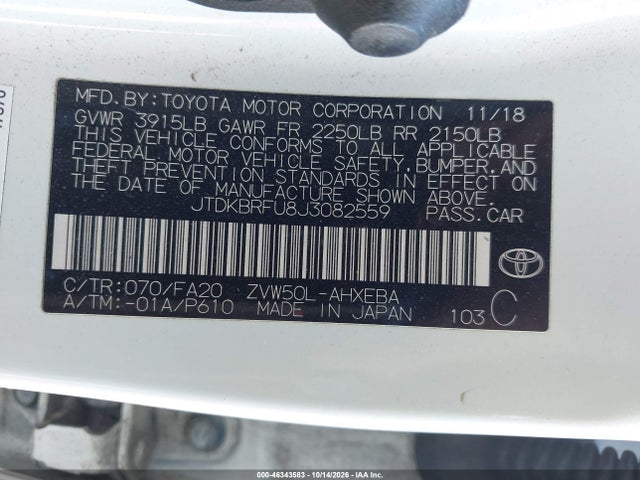 Aukcja sprzedaży 2018 Toyota Prius One, vin: JTDKBRFU8J3082559, numer aukcji: 46343583