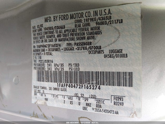 2002 Ford Mustang მანქანა იყიდება აუქციონზე, vin: 1FAFP40472F165274, აუქციონის ნომერი: 46343600