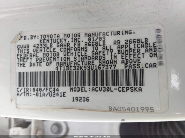 Aukcja sprzedaży 2003 Toyota Camry Se, vin: 4T1BE32K93U167377, numer aukcji: 46343631