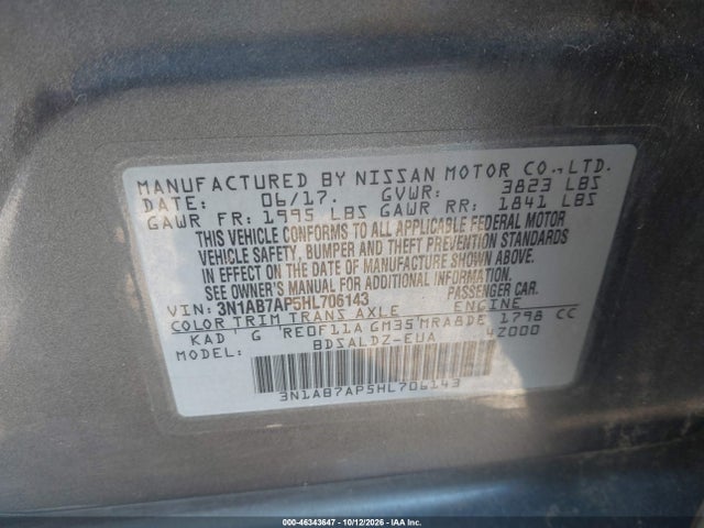 46343647 :رقم المزاد ، 3N1AB7AP5HL706143 vin ، 2017 Nissan Sentra Sv مزاد بيع