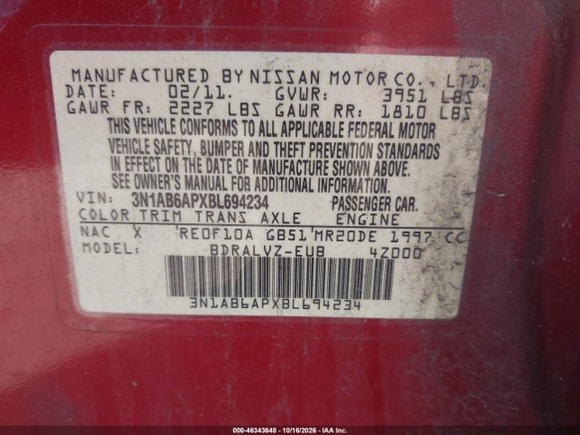Aukcja sprzedaży 2011 Nissan Sentra 2.0sl, vin: 3N1AB6APXBL694234, numer aukcji: 46343648