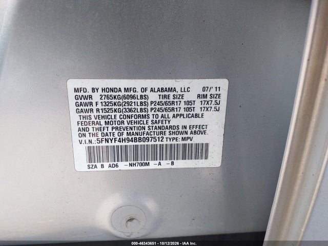 Продажа на аукционе авто 2011 Honda Pilot Touring, vin: 5FNYF4H94BB097512, номер лота: 46343651
