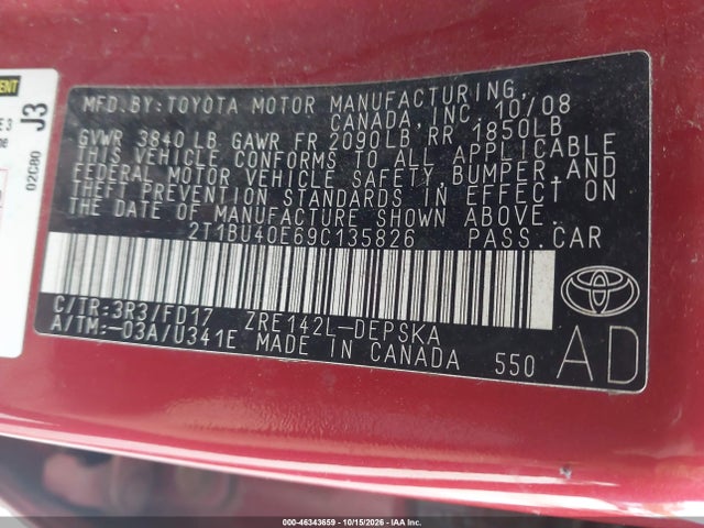 46343659 :رقم المزاد ، 2T1BU40E69C135826 vin ، 2009 Toyota Corolla S مزاد بيع