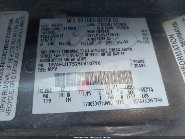 2005 Ford Expedition Eddie Bauer/king Ranch მანქანა იყიდება აუქციონზე, vin: 1FMFU17525LB10796, აუქციონის ნომერი: 46343679
