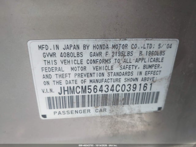 46343703 :رقم المزاد ، JHMCM56434C039161 vin ، 2004 Honda Accord 2.4 Lx مزاد بيع