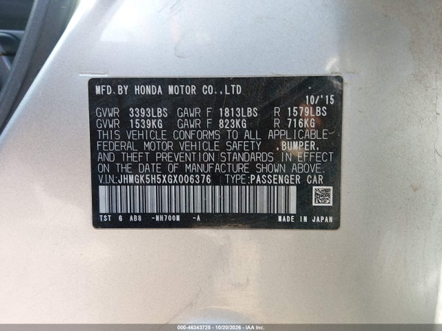 46343725 :رقم المزاد ، JHMGK5H5XGX006376 vin ، 2016 Honda Fit Lx مزاد بيع