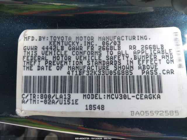 Aukcja sprzedaży 2003 Toyota Camry Xle V6, vin: 4T1BF32K33U056885, numer aukcji: 46343728