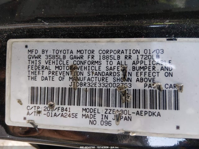 46343765 :رقم المزاد ، JTDBR32E332002763 vin ، 2003 Toyota Corolla Ce مزاد بيع