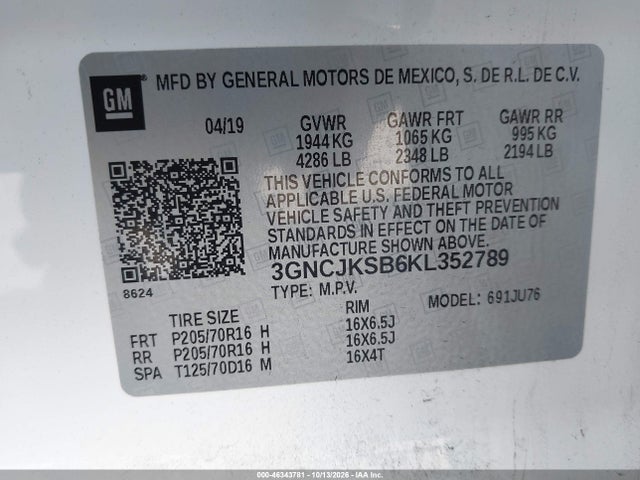 Aukcja sprzedaży 2019 Chevrolet Trax Ls, vin: 3GNCJKSB6KL352789, numer aukcji: 46343781