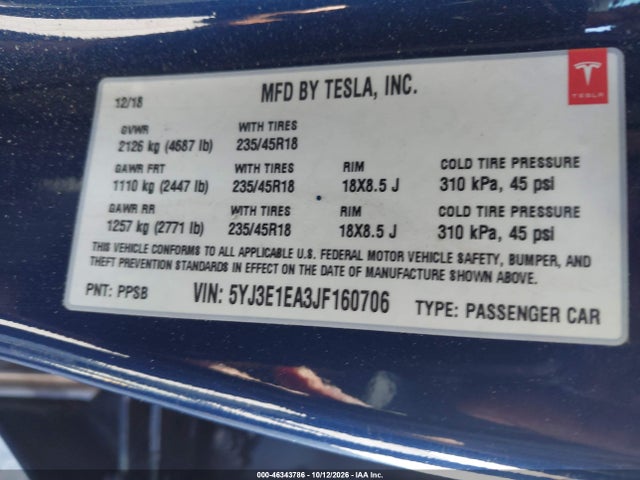 Продажа на аукционе авто 2018 Tesla Model 3 Long Range/mid Range, vin: 5YJ3E1EA3JF160706, номер лота: 46343786