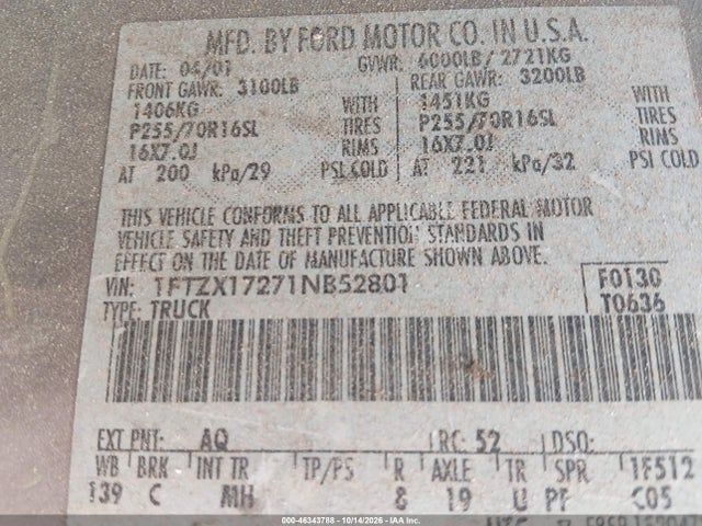 Aukcja sprzedaży 2001 Ford F-150 Xl/xlt, vin: 1FTZX17271NB52801, numer aukcji: 46343788