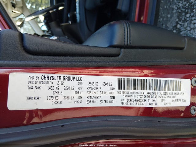 Продаж на аукціоні авто 2012 Jeep Grand Cherokee Laredo, vin: 1C4RJFAGXCC239111, номер лоту: 46343820