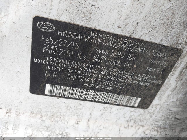 46343869 :رقم المزاد ، 5NPDH4AE7FH651357 vin ، 2015 Hyundai Elantra Se مزاد بيع