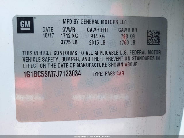 46343884 :رقم المزاد ، 1G1BC5SM7J7123034 vin ، 2018 Chevrolet Cruze Ls Auto مزاد بيع