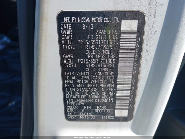 46343911 :رقم المزاد ، JN8AF5MR1DT224010 vin ، 2013 Nissan Juke Sl مزاد بيع