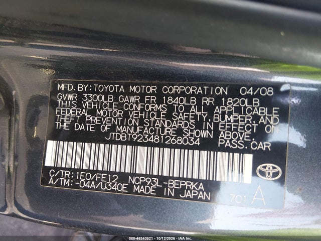 46343921 :رقم المزاد ، JTDBT923481268034 vin ، 2008 Toyota Yaris مزاد بيع