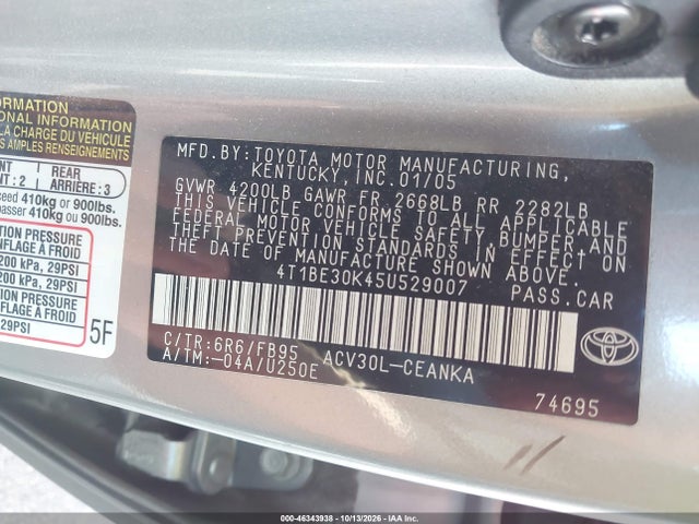 46343938 :رقم المزاد ، 4T1BE30K45U529007 vin ، 2005 Toyota Camry Le مزاد بيع