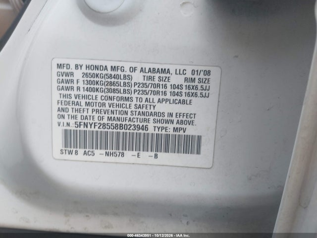 Aukcja sprzedaży 2008 Honda Pilot Ex-l, vin: 5FNYF28558B023946, numer aukcji: 46343951