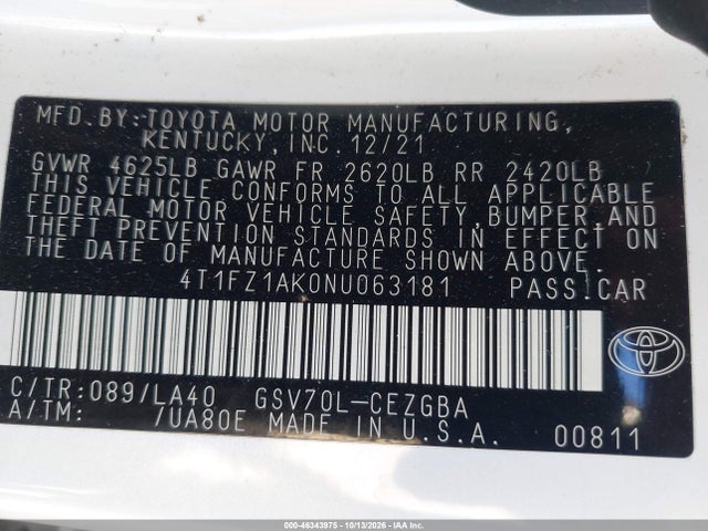 Aukcja sprzedaży 2022 Toyota Camry Xle V6, vin: 4T1FZ1AK0NU063181, numer aukcji: 46343975