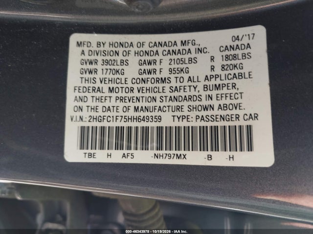 46343978 :رقم المزاد ، 2HGFC1F75HH649359 vin ، 2017 Honda Civic Ex-l مزاد بيع