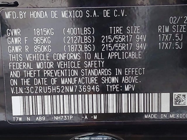 46343982 :رقم المزاد ، 3CZRU5H52NM736946 vin ، 2022 Honda Hr-v 2wd Ex مزاد بيع