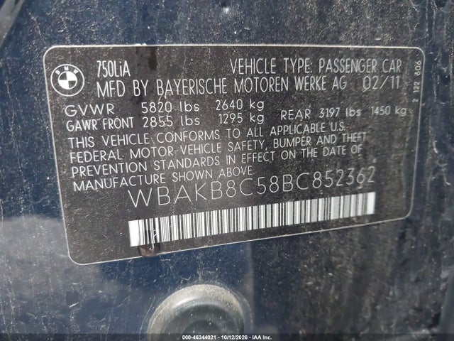 Продаж на аукціоні авто 2011 Bmw 750li, vin: WBAKB8C58BC852362, номер лоту: 46344021