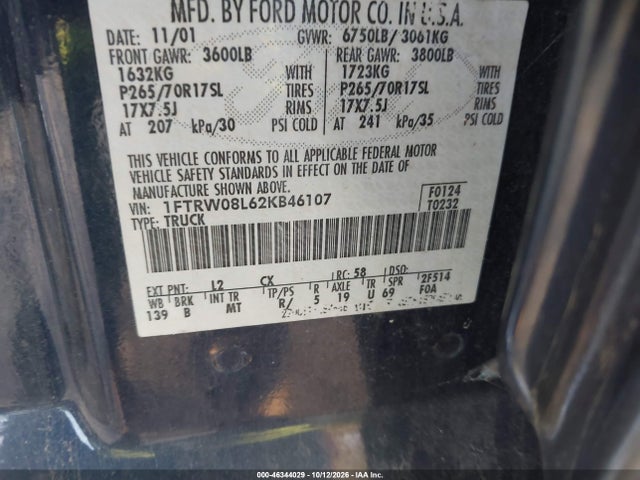 Продаж на аукціоні авто 2002 Ford F-150 Lariat/xlt, vin: 1FTRW08L62KB46107, номер лоту: 46344029
