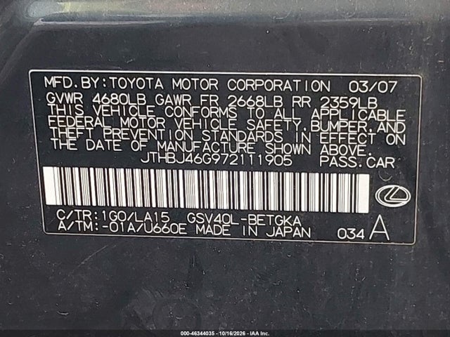 46344035 :رقم المزاد ، JTHBJ46G972111905 vin ، 2007 Lexus Es 350 مزاد بيع