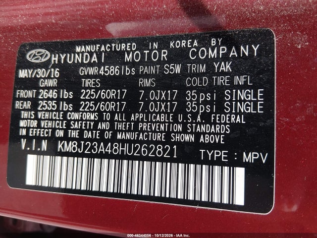 46344056 :رقم المزاد ، KM8J23A48HU262821 vin ، 2017 Hyundai Tucson Se مزاد بيع