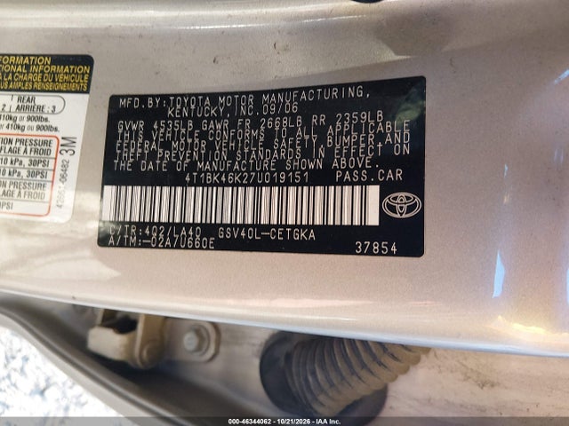 2007 Toyota Camry Xle V6 მანქანა იყიდება აუქციონზე, vin: 4T1BK46K27U019151, აუქციონის ნომერი: 46344062