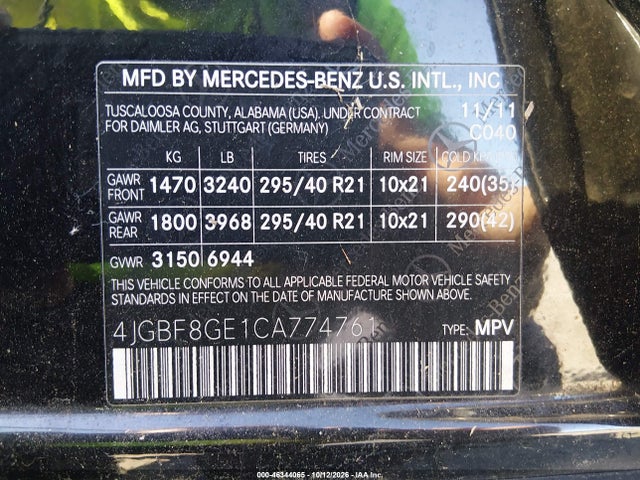 2012 Mercedes-benz Gl 550 4matic მანქანა იყიდება აუქციონზე, vin: 4JGBF8GE1CA774761, აუქციონის ნომერი: 46344065
