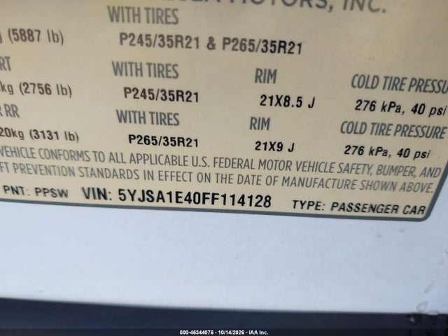Продаж на аукціоні авто 2015 Tesla Model S 85d/p85d, vin: 5YJSA1E40FF114128, номер лоту: 46344076