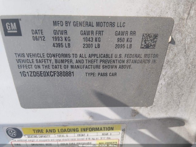 Продаж на аукціоні авто 2012 Chevrolet Malibu 2lt, vin: 1G1ZD5E0XCF380881, номер лоту: 46344091