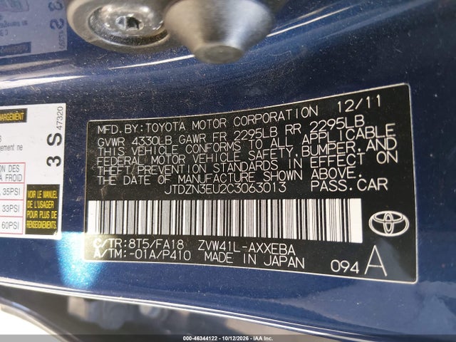 46344122 :رقم المزاد ، JTDZN3EU2C3063013 vin ، 2012 Toyota Prius V Three مزاد بيع