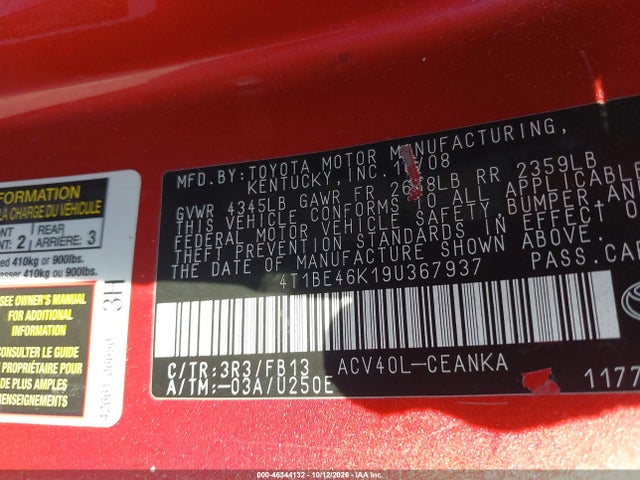 Aukcja sprzedaży 2009 Toyota Camry Le, vin: 4T1BE46K19U367937, numer aukcji: 46344132