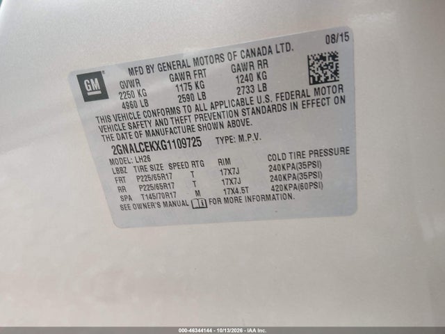 Chevrolet EQUINOX LT 2016 2GNALCEKXG1109725 Image 9