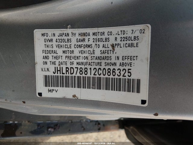 46344147 :رقم المزاد ، JHLRD78812C086325 vin ، 2002 Honda Cr-v Ex مزاد بيع