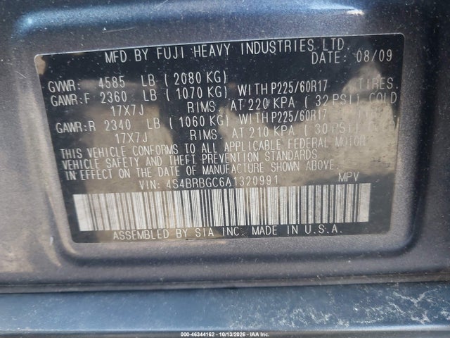 2010 Subaru Outback 2.5i Premium მანქანა იყიდება აუქციონზე, vin: 4S4BRBGC6A1320991, აუქციონის ნომერი: 46344162
