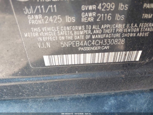 Aukcja sprzedaży 2012 Hyundai Sonata Gls, vin: 5NPEB4AC4CH330828, numer aukcji: 46344175